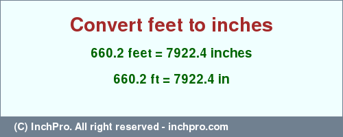 Result converting 660.2 feet to inches = 7922.4 inches
