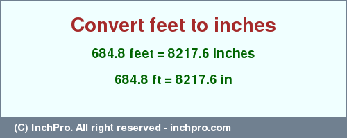 Result converting 684.8 feet to inches = 8217.6 inches