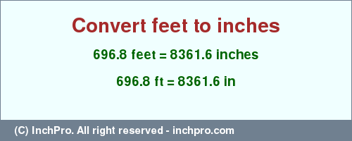 Result converting 696.8 feet to inches = 8361.6 inches