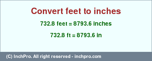 Result converting 732.8 feet to inches = 8793.6 inches