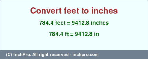 Result converting 784.4 feet to inches = 9412.8 inches