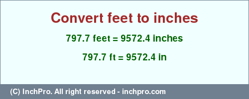 Result converting 797.7 feet to inches = 9572.4 inches