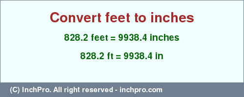 Result converting 828.2 feet to inches = 9938.4 inches