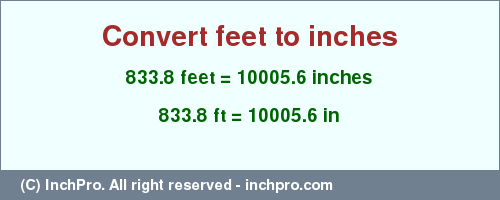 Result converting 833.8 feet to inches = 10005.6 inches