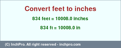 Result converting 834 feet to inches = 10008.0 inches