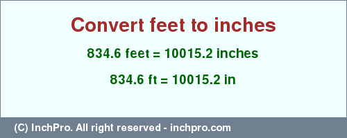 Result converting 834.6 feet to inches = 10015.2 inches