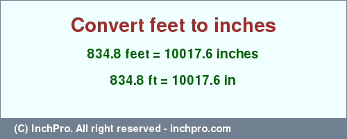 Result converting 834.8 feet to inches = 10017.6 inches