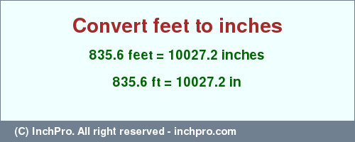 Result converting 835.6 feet to inches = 10027.2 inches