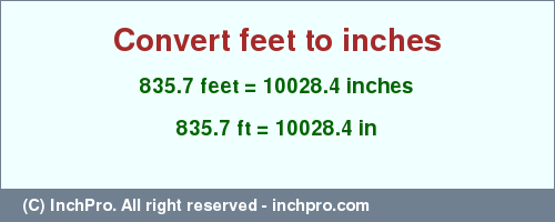 Result converting 835.7 feet to inches = 10028.4 inches