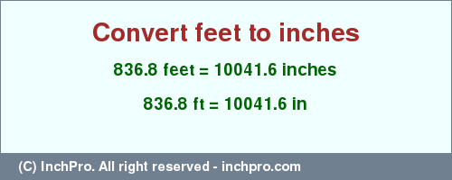 Result converting 836.8 feet to inches = 10041.6 inches