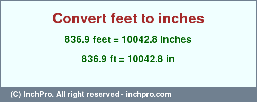 Result converting 836.9 feet to inches = 10042.8 inches