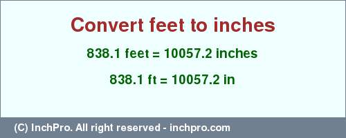 Result converting 838.1 feet to inches = 10057.2 inches