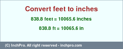 Result converting 838.8 feet to inches = 10065.6 inches