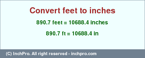 Result converting 890.7 feet to inches = 10688.4 inches