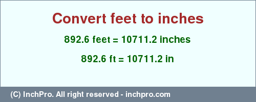 Result converting 892.6 feet to inches = 10711.2 inches