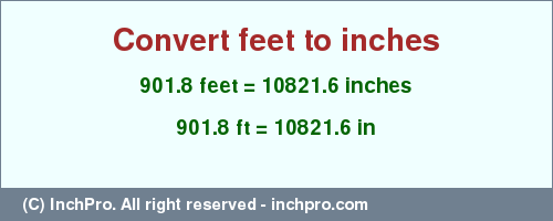 Result converting 901.8 feet to inches = 10821.6 inches