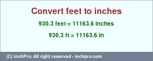 Result converting 930.3 feet to inches = 11163.6 inches