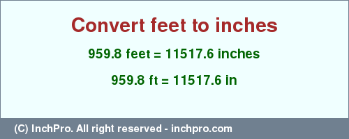 Result converting 959.8 feet to inches = 11517.6 inches