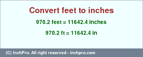 Result converting 970.2 feet to inches = 11642.4 inches