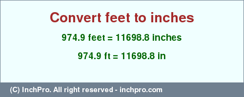 Result converting 974.9 feet to inches = 11698.8 inches