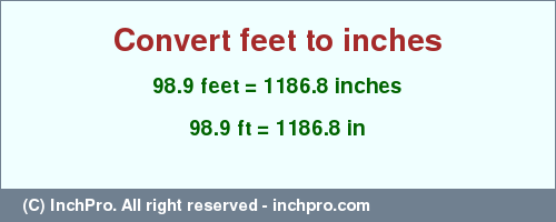 Result converting 98.9 feet to inches = 1186.8 inches