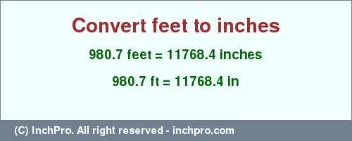 Result converting 980.7 feet to inches = 11768.4 inches