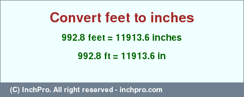 Result converting 992.8 feet to inches = 11913.6 inches