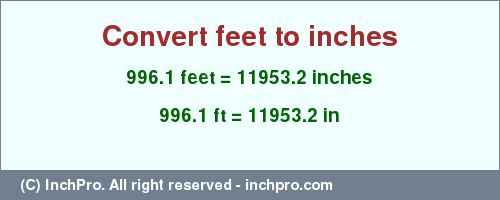 Result converting 996.1 feet to inches = 11953.2 inches