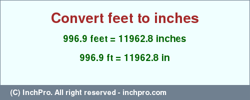 Result converting 996.9 feet to inches = 11962.8 inches