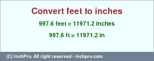 Result converting 997.6 feet to inches = 11971.2 inches