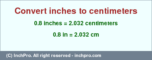 Result converting 0.8 inches to cm = 2.032 centimeters