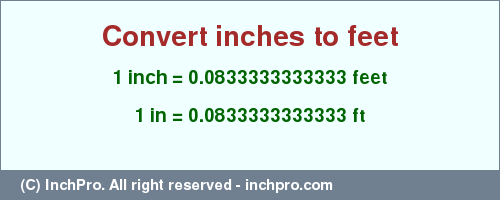 Result converting 1 inch to ft = 0.0833333333333 feet