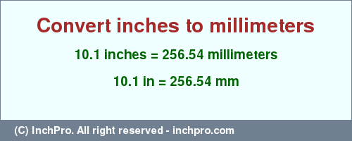 Result converting 10.1 inches to mm = 256.54 millimeters