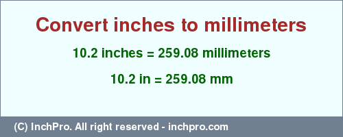 Result converting 10.2 inches to mm = 259.08 millimeters