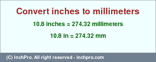 Result converting 10.8 inches to mm = 274.32 millimeters