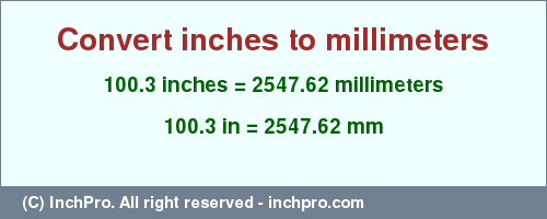 Result converting 100.3 inches to mm = 2547.62 millimeters