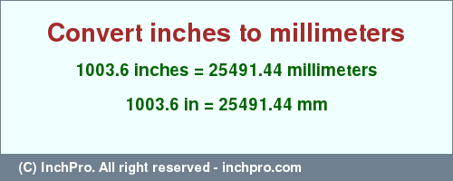 Result converting 1003.6 inches to mm = 25491.44 millimeters