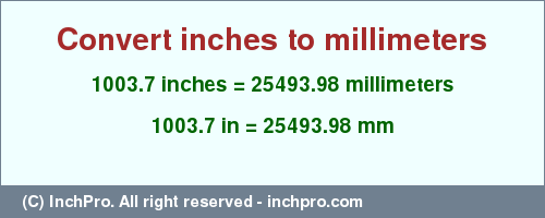 Result converting 1003.7 inches to mm = 25493.98 millimeters