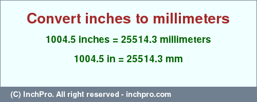 Result converting 1004.5 inches to mm = 25514.3 millimeters