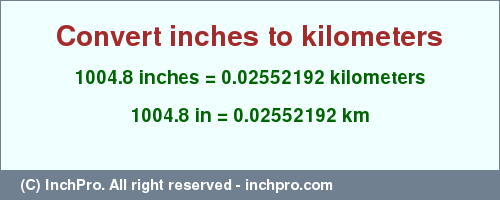 Result converting 1004.8 inches to km = 0.02552192 kilometers
