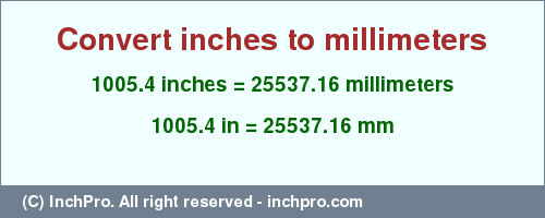 Result converting 1005.4 inches to mm = 25537.16 millimeters