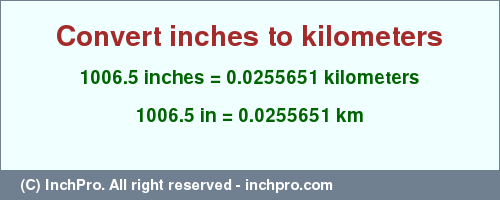Result converting 1006.5 inches to km = 0.0255651 kilometers
