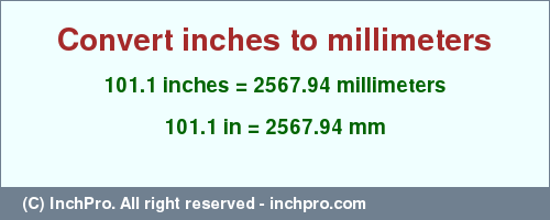 Result converting 101.1 inches to mm = 2567.94 millimeters