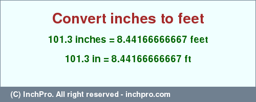 Result converting 101.3 inches to ft = 8.44166666667 feet