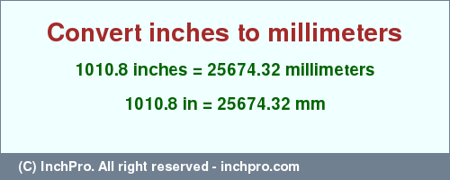 Result converting 1010.8 inches to mm = 25674.32 millimeters