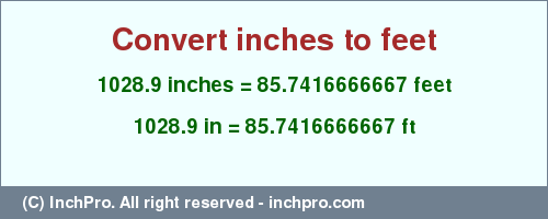 Result converting 1028.9 inches to ft = 85.7416666667 feet