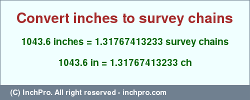 Result converting 1043.6 inches to ch = 1.31767413233 survey chains