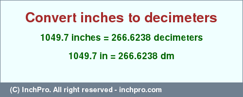 Result converting 1049.7 inches to dm = 266.6238 decimeters