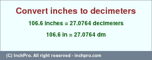 Result converting 106.6 inches to dm = 27.0764 decimeters