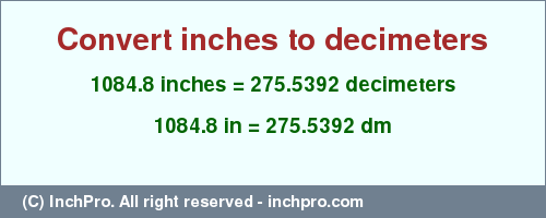 Result converting 1084.8 inches to dm = 275.5392 decimeters